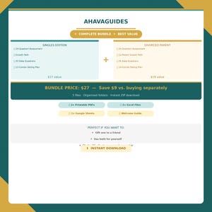 Puede incluir: Un paquete de productos digitales titulado "AHAVAGUIDES" con secciones para la edición para solteros y padres divorciados. El paquete incluye evaluaciones, guías y planes de citas. Se muestra el texto "COMPLETE BUNDLE + BEST VALUE". Descarga instantánea.