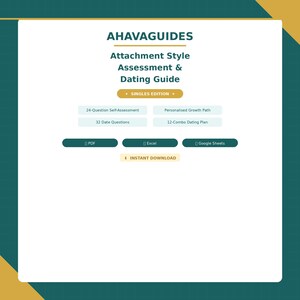 Puede incluir: Una guía digital titulada "AHAVAGUIDES Attachment Style Assessment & Dating Guide - Singles Edition". La guía incluye una autoevaluación de 24 preguntas, 32 preguntas de citas y un camino de crecimiento personalizado. Disponible en PDF, Excel y Google Sheets.