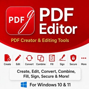 Peut inclure: Une interface logicielle numérique pour PDF Editor avec un logo rouge et blanc portant le texte PDFg. L'affichage comprend des icônes pour Create, Edit, Convert, Combine, Fill, Sign, Secure et More, avec le texte For Windows 10 & 11 en bas.