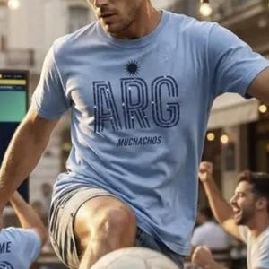 May include: A light blue t-shirt with the word "ARG" in a stylized font, with the word "Muchachos" below it. The shirt is worn by a person playing soccer with a soccer ball. The person is wearing gray shorts.