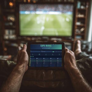 May include: A person holding a tablet displaying the "COPA MANIA" app, with a soccer game on a large TV in the background. The app interface shows a schedule and statistics. The scene is set in a dimly lit living room.