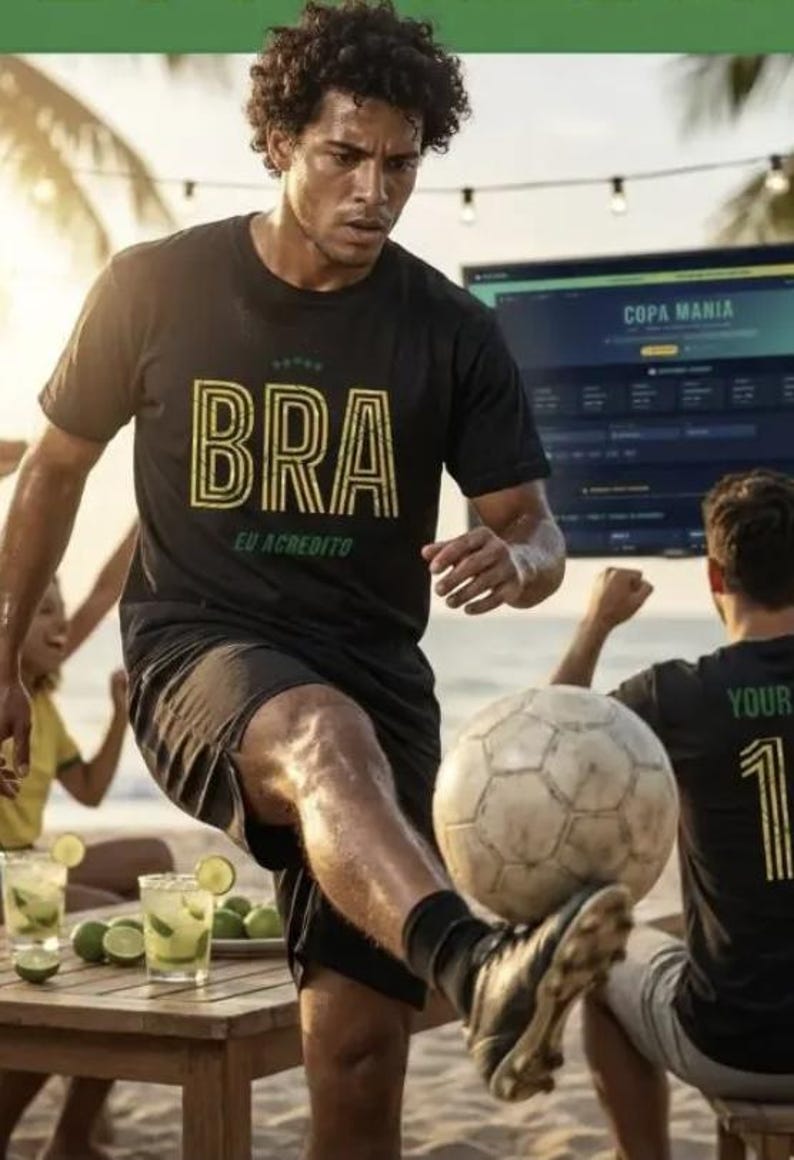 May include: A black t-shirt with the word "BRA" in yellow, with the text "EU ACREDITO" underneath. A soccer player is kicking a soccer ball on a beach. The background includes a screen with the words "COPA MANIA".