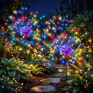 May include: Solar-powered garden lights with colorful LED bursts and butterfly accents. The lights are set among lush greenery, creating a vibrant nighttime display. The lights are on stakes, and the butterflies are in shades of blue, yellow, and red.