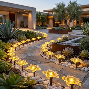 May include: A series of solar-powered garden lights shaped like sea turtles, each featuring a translucent yellow shell that glows with a warm light. These turtle-shaped fixtures are mounted on black stakes and arranged along a stone pathway.