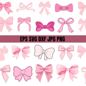 May include: A collection of twenty digital illustrations of bows in various shades of pink, ranging from light pastel to deep magenta. The bows feature diverse styles, including watercolor textures, solid fills, and outlined designs. Text reads EPS SVG DXF JPG PNG.