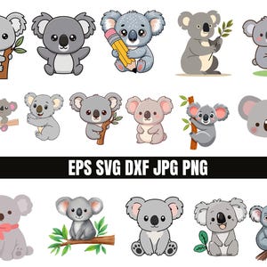 May include: A collection of fourteen cartoon koala illustrations in various poses, including sitting, climbing branches, and holding a pencil. The set features gray koalas with round ears, black noses, and white accents. Text reads EPS SVG DXF JPG PNG.
