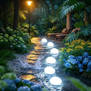May include: A series of glowing, oval-shaped garden lights are embedded along a stone pathway during a rainstorm. The lights emit a bright white illumination, contrasting with the dark, lush green foliage, blue hydrangea flowers, and wet pebbles.