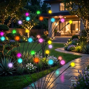 May include: Outdoor decorative lights with colorful, glowing orbs. The lights are arranged in a garden setting with a stone pathway and lush greenery. The orbs are in shades of pink, blue, green, orange, and yellow.