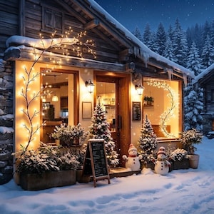 May include: A rustic wooden cabin exterior decorated for winter with glowing string lights on branches, two small snow-dusted pine trees, two snowman figurines, and a chalkboard sign. The scene features snow-covered ground and a forest background.