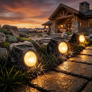 May include: Three solar-powered landscape lights shaped like dark gray rocks with circular, warm-toned LED bulbs embedded in the front. The lights are positioned along a stone pathway, illuminating the surrounding grass and rocks at dusk.