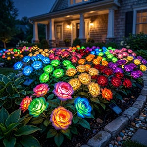 May include: A collection of artificial rose-shaped garden lights in vibrant colors including blue, yellow, pink, orange, and red. Each rose features green leaves and is connected by thin black wires, with small solar panels visible in the soil.