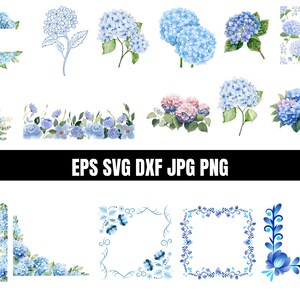 May include: A digital collection of watercolor hydrangea illustrations featuring blue and pink flower clusters, green leaves, and decorative floral frames. The image includes the text EPS SVG DXF JPG PNG centered in a black horizontal bar.