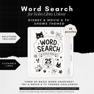 Könnte beinhalten: Ein digitales Wortsuchrätsel-Buch für Kobo Libra Colour mit Disney-, Film- und TV-Themen. Der Bildschirm zeigt den Titel Word Search Puzzle Book mit 25 Rätseln, Katzenillustrationen, Schleifen und Sternen. Inklusive anklickbarer Links und Lösungen.
