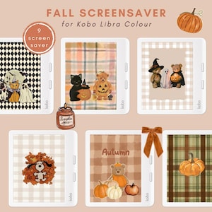 May include: A digital collection of nine fall-themed screensavers for the Kobo Libra Colour e-reader. The designs feature illustrations of teddy bears, pumpkins, ghosts, a black cat, and a dog, set against plaid and checkered backgrounds.