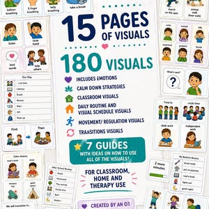 May include: A collection of visual aids for classroom, home, and therapy use. The set includes 15 pages of visuals with 180 visuals, covering emotions, routines, and strategies. The aids are designed to help with daily routines and transitions.