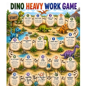 Può includere: Un colorato poster del gioco Dino Heavy Work con un percorso tortuoso di ventitré suggerimenti per attività numerati a forma di pietra. Il tabellone include varie illustrazioni di dinosauri, un cartello di inizio e uno di fine.