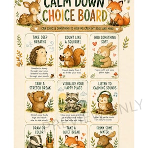 OT Designed - Woodland Animal Theme Calm Down Choice Board - Emotional Regulation/ Interoception (Printable)