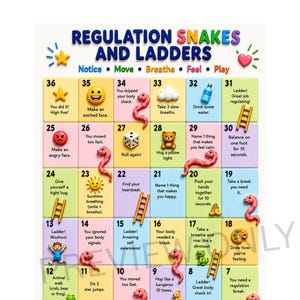 以下が含まれることがあります： 1から36まで番号が振られたグリッド状の「Regulation Snakes and Ladders」ボードゲームポスター。カラフルなマス目には星、ハート、ヘビ、ハシゴなどのアイコンが描かれ、身体的および感情的な調整活動のためのテキスト指示が記載されています。