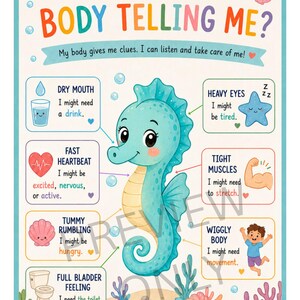 May include: An educational poster titled WHAT IS MY BODY TELLING ME? featuring a central teal seahorse surrounded by illustrations and text explaining physical sensations like dry mouth, fast heartbeat, tummy rumbling, heavy eyes, and tight muscles.
