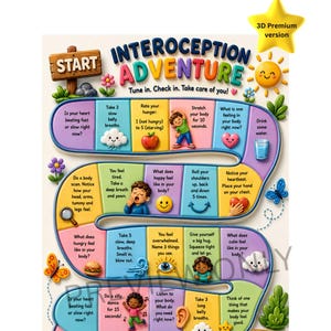 以下が含まれることがあります： 「Interoception Adventure」と題されたカラフルなボードゲーム。身体意識を高めるための課題が書かれたマス目が曲がりくねった道のように並んでいます。子供、食べ物、自然、感情を描いた3Dスタイルのイラストと、スタートとフィニッシュの看板が含まれています。