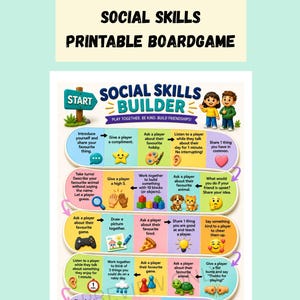 Puede incluir: Un juego de mesa imprimible Social Skills Builder que presenta un camino colorido con varias instrucciones, ilustraciones de niños e iconos como un corazón, pizza y un mando de juego. El tablero incluye letreros de Start y Finish.