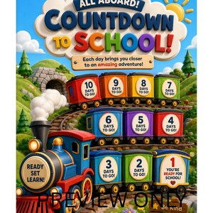 Op de afbeelding: Een kleurrijke aftelposter voor school met een trein en genummerde wagons van 10 tot 1. De tekst luidt ALL ABOARD! COUNTDOWN TO SCHOOL! Each day brings you closer to an amazing adventure! De treinlocomotief toont READY SET LEARN!
