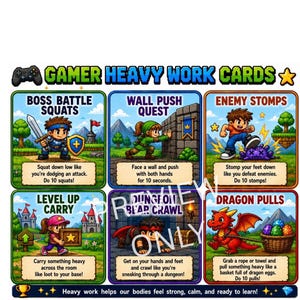 May include: A set of six Gamer Heavy Work Cards featuring pixel art illustrations of characters performing physical exercises. Each card includes a title like Boss Battle Squats, Wall Push Quest, Enemy Stomps, Level Up Carry, Dungeon Bear Crawl, and Dragon Pulls.