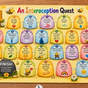 Può includere: Un gioco da tavolo quadrato intitolato An Interoception Quest con uno sfondo giallo e caselle colorate a forma di alveare numerate da 1 a 23. Il gioco include illustrazioni di api, fiori e un dado, con testi su ogni casella.