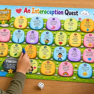 Può includere: Un colorato gioco da tavolo intitolato An Interoception Quest con un percorso tortuoso di ventitré spazi numerati con domande sulla consapevolezza corporea, un dado bianco e due pedine in plastica blu e rossa su un paesaggio verde.