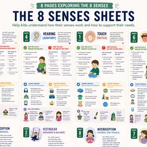May include: A colorful educational poster titled "The 8 Senses Sheets" with information on sight, hearing, touch, taste, proprioception, vestibular, interoception, and smell. The poster includes text and illustrations to help kids understand their senses.