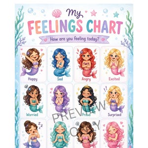 May include: A My Feelings Chart poster featuring twelve illustrations of mermaids with different hair colors and expressions, labeled Happy, Sad, Angry, Excited, Worried, Shy, Proud, Surprised, Tired, Calm, Frustrated, and Loved, with underwater decor.