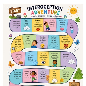 May include: Colorful educational poster titled "Interoception Adventure" with a path of prompts and questions about body awareness, including breathing exercises, and feeling recognition. The poster has a start and finish.