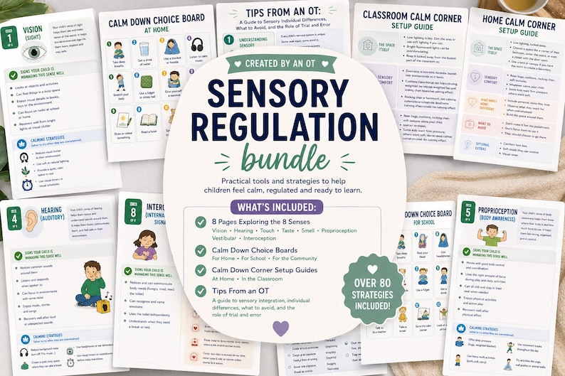May include: A collection of printed guides and charts for sensory regulation, including topics like vision, hearing, and proprioception. The bundle includes calm-down choice boards and setup guides for home and classroom use. The text reads "Sensory Regulation Bundle".