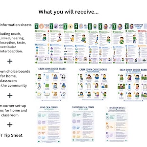 May include: A collection of educational resources, including 8 senses information sheets, calm down choice boards, calm corner setup guides, and an OT tip sheet. The sheets cover topics like touch, sight, and taste, with colorful illustrations and text.