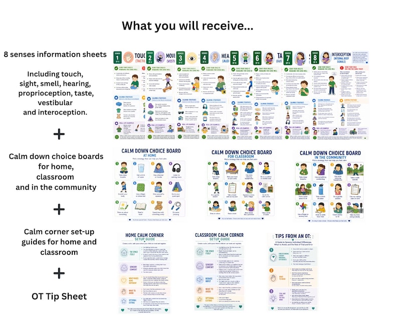 May include: A collection of educational resources, including 8 senses information sheets, calm down choice boards, calm corner setup guides, and an OT tip sheet. The sheets cover topics like touch, sight, and taste, with colorful illustrations and text.