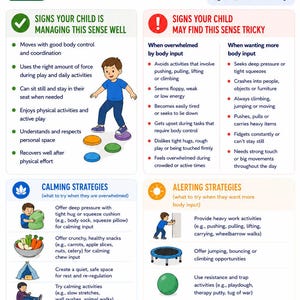 May include: Educational infographic about body awareness (proprioception) in children, with tips for managing sensory needs. Includes illustrations of children and text in green, red, and orange. Features calming and alerting strategies.