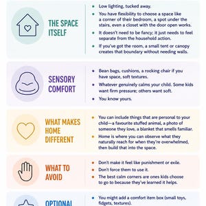 May include: A guide titled "HOME CALM CORNER SETUP GUIDE" with sections on creating a calming space for children. Includes tips on lighting, sensory comfort, personal items, and what to avoid. Features icons and bullet points.
