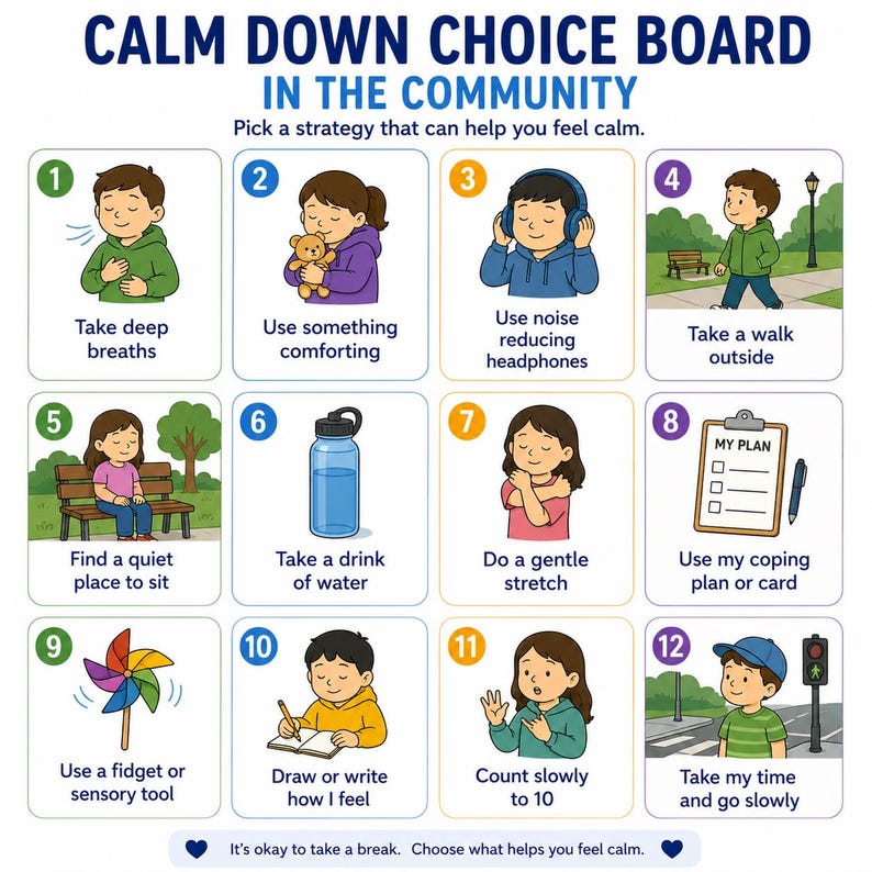 May include: A colorful "Calm Down Choice Board" with 12 illustrated strategies for managing emotions. Each card features a child demonstrating a coping skill, such as taking deep breaths, using headphones, or taking a walk. Text at the top reads "Calm Down Choice Board in the Community."