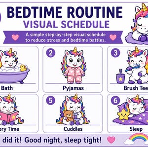 May include: A colorful bedtime routine visual schedule featuring a unicorn. The schedule includes steps like bath, pajamas, brushing teeth, story time, cuddles, and sleep. Text reads "Bedtime Routine Visual Schedule" and "I did it! Good night, sleep tight!"
