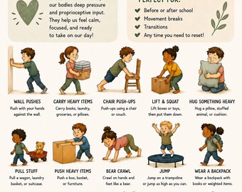 Poster "Propriocezione/Attività fisiche intense" per bambini, progettato da OT (stampabile).