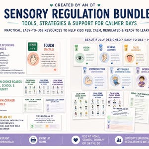 May include: A sensory regulation bundle with over 80 strategies, designed by an OT. Includes tools, strategies, and support for calmer days. Features guides on the 8 senses, calm down choice boards, and setup guides. Print at home.