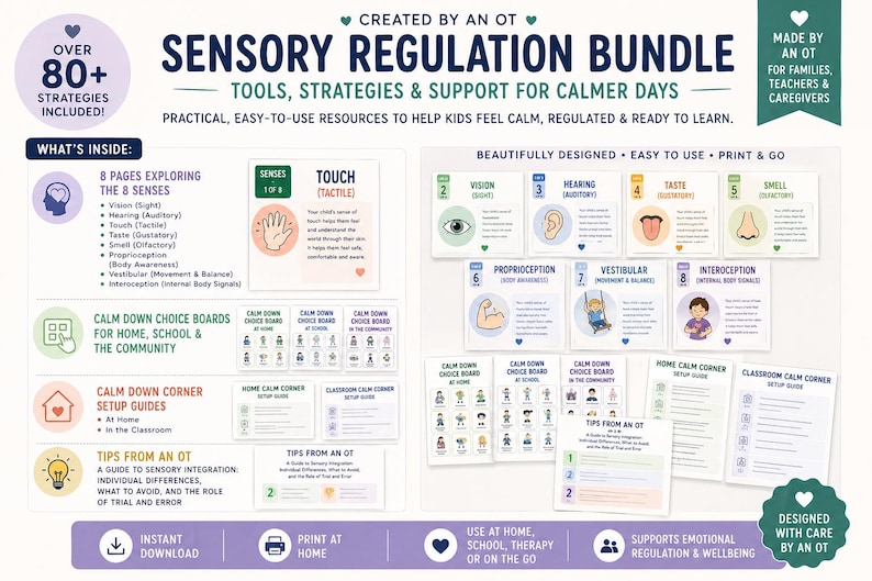 May include: A sensory regulation bundle with over 80 strategies, designed by an OT. Includes tools, strategies, and support for calmer days. Features guides on the 8 senses, calm down choice boards, and setup guides. Print at home.