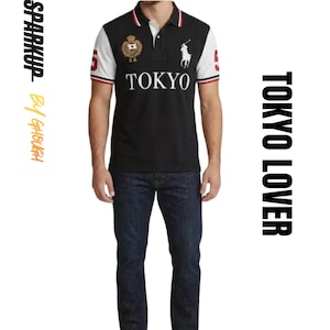 Men's Vintage Tokyo Embroidered Polo Shirt, Black Luxury Streetwear Golf Tee
