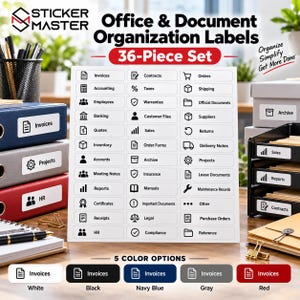 May include: A 36-piece set of white office and document organization labels by Sticker Master. The sheet features black icons and text for categories like Invoices, Contracts, and Orders. Five color options are shown: white, black, navy blue, gray, and red.