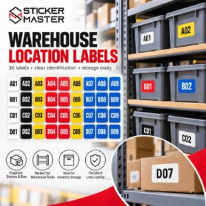May include: A set of 36 rectangular warehouse location labels featuring alphanumeric codes from A01 to D09. The labels are colour-coded in white, black, yellow, red, and blue, and are shown applied to grey plastic storage bins on metal shelving units.