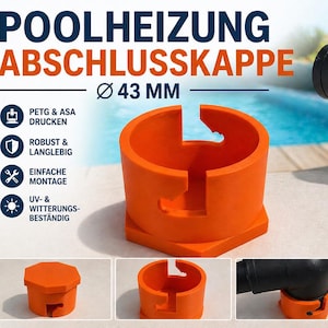 Könnte beinhalten: Orangefarbene Poolheizungs-Abschlusskappe mit schwarzem Winkelrohr, passend für 43 mm Rohre. Der Text auf dem Bild lautet: "POOLHEIZUNG ABSCHLUSSKAPPE Ø 43 MM". Robust und witterungsbeständig.
