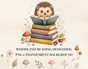Hedgehog Reading PNG, Woodland Animal PNG, Bookish Hedgehog Clipart, Cute Reader PNG, Cozy Forest Animal, Digital Download