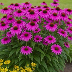 May include: A vibrant cluster of purple coneflowers with dark brown centers and green foliage. The petals are a bright magenta color, and the flowers are in full bloom. Yellow flowers are visible at the bottom of the image.