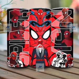 Puede incluir: Un vaso con un dise&ntilde;o de Spider-Man, que muestra al superh&eacute;roe en poses din&aacute;micas sobre un fondo rojo y negro. El dise&ntilde;o incorpora la m&aacute;scara y los motivos de telara&ntilde;a del personaje, con la palabra "NEXTISANE" visible.