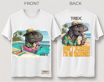Funny T-Rex Summer Vacation, Dinosaur on Beach, Hawaiian Shirt Holiday Apparel, Funny Gift T-Shirt (Digital Printable Files Front & Back)